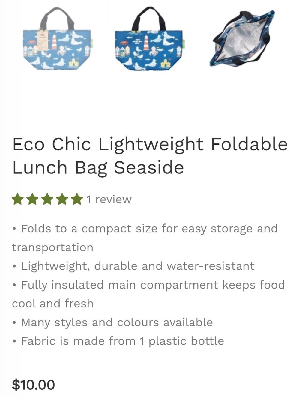 Kids Blue Seaside Print Recycled Lunch Bag - Picture 2 of 2